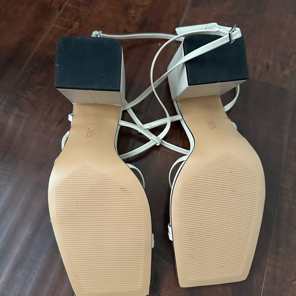 Zara Women's Square Toe Cream Nude Block Strappy Sandal Heels - Picture 7 of 9